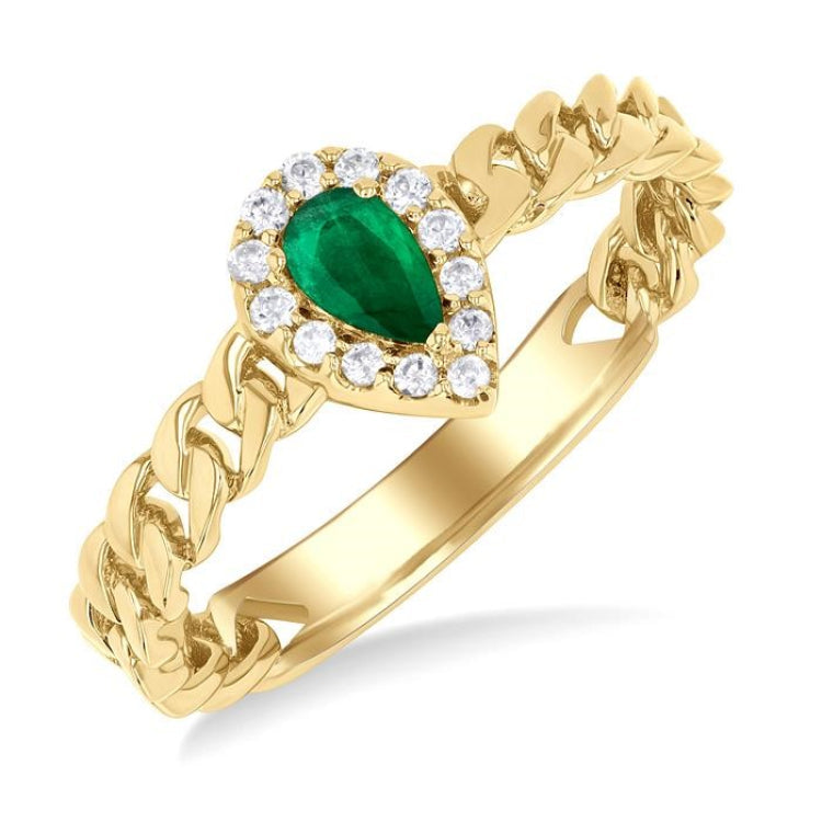 5x3 MM Pear Cut Emerald and 1/10 Ctw Curb & Cuban Link Round Cut Diamond Halo Precious Ring in 10K Yellow Gold