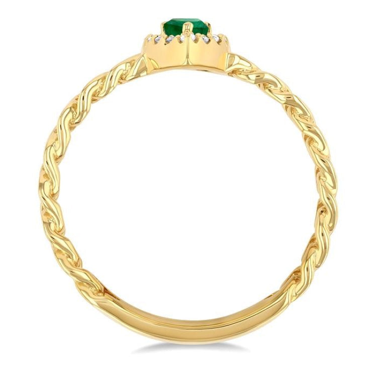 5x3 MM Pear Cut Emerald and 1/10 Ctw Curb & Cuban Link Round Cut Diamond Halo Precious Ring in 10K Yellow Gold