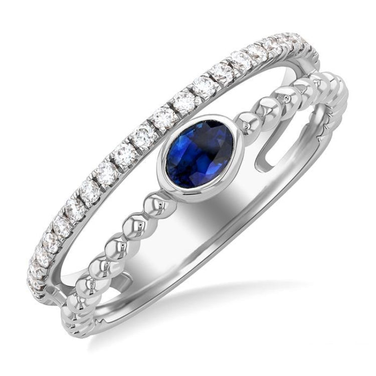 4x3 MM Oval Shape Sapphire and 1/5 Ctw Round Cut Diamonds Precious Fashion Split Twin Ring in 10K White Gold
