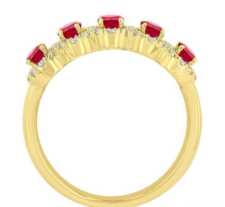4x3 MM Oval Cut Ruby and 1/3 Ctw Round Cut Diamond Precious Wedding Band in 14K Yellow Gold