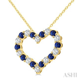 2.3 MM Round Cut Sapphire and 1/2 Ctw Open Heart Round Cut Diamond Precious Fashion Pendant With Chain in 14K Yellow Gold