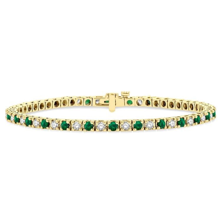 2.5 MM Emerald and 1 1/2 Ctw Round Cut Diamond Square Box Link Precious Tennis Bracelet in 14K Yellow Gold