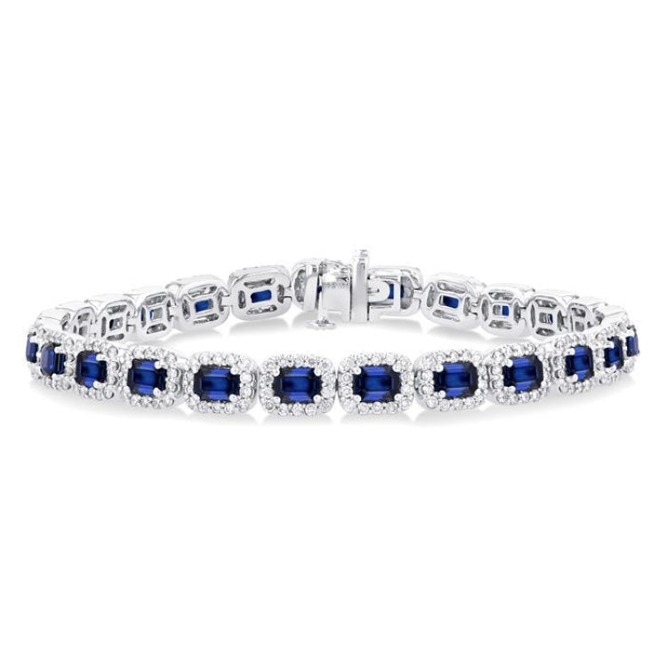 4X3 MM Emerald Cut Sapphire and 2 1/5 Ctw Round Cut Diamond Halo Precious Bracelet in 14K White Gold