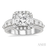 7/8 Ctw Round and Baguette Cut Diamond Princess Shape Semi-mount Engagement Ring in 14K White Gold