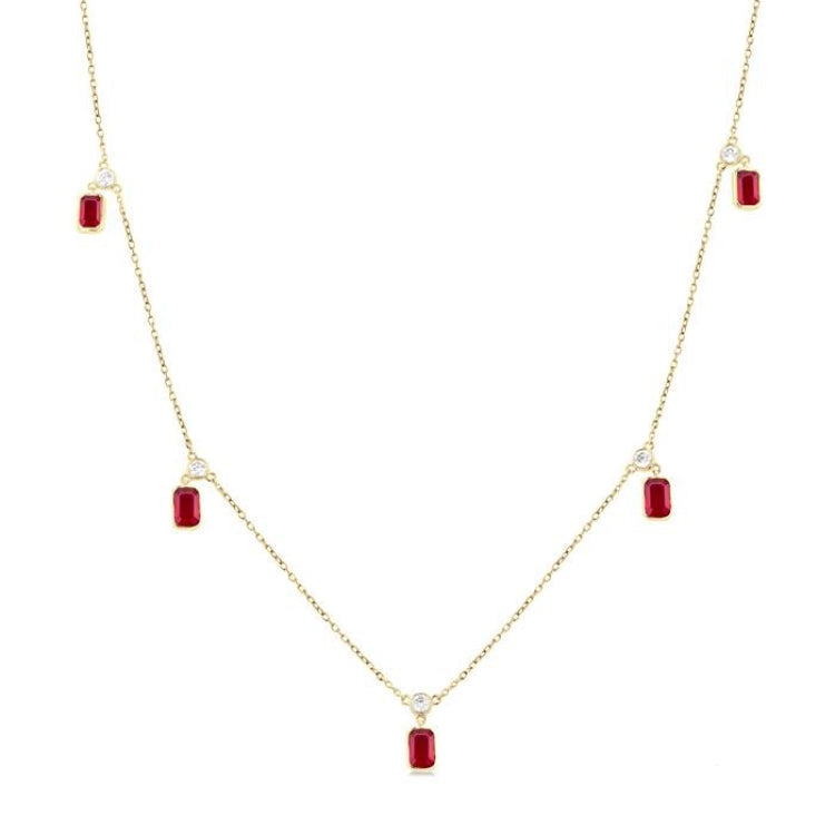 5x3 MM Octagonal Shape Ruby and 1/4 Ctw Round Cut Diamonds Precious Station Necklace in 14K Yellow Gold
