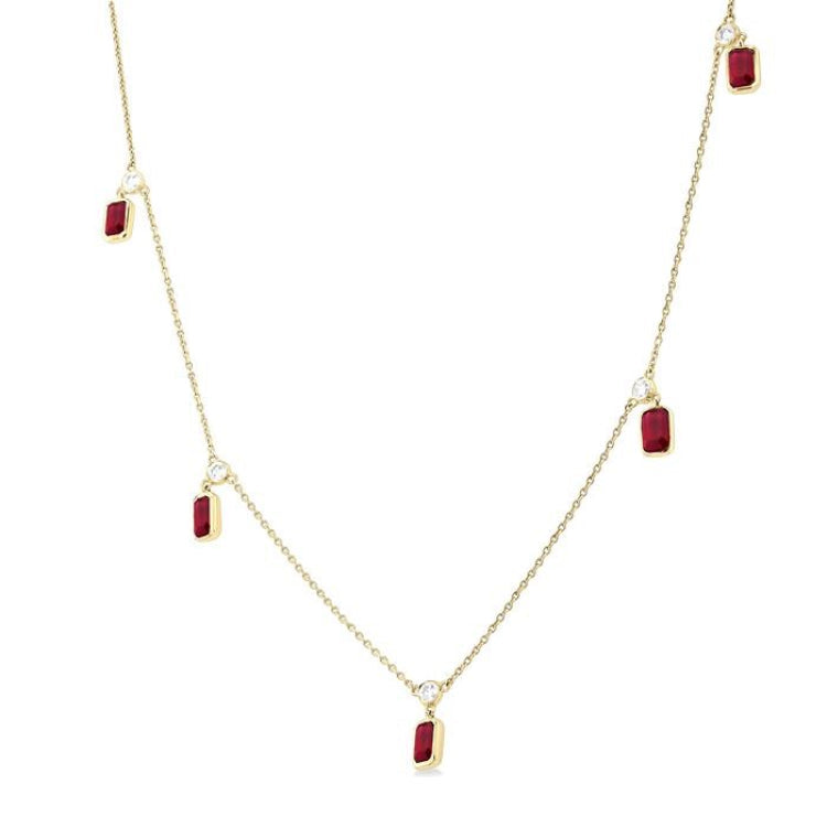 5x3 MM Octagonal Shape Ruby and 1/4 Ctw Round Cut Diamonds Precious Station Necklace in 14K Yellow Gold
