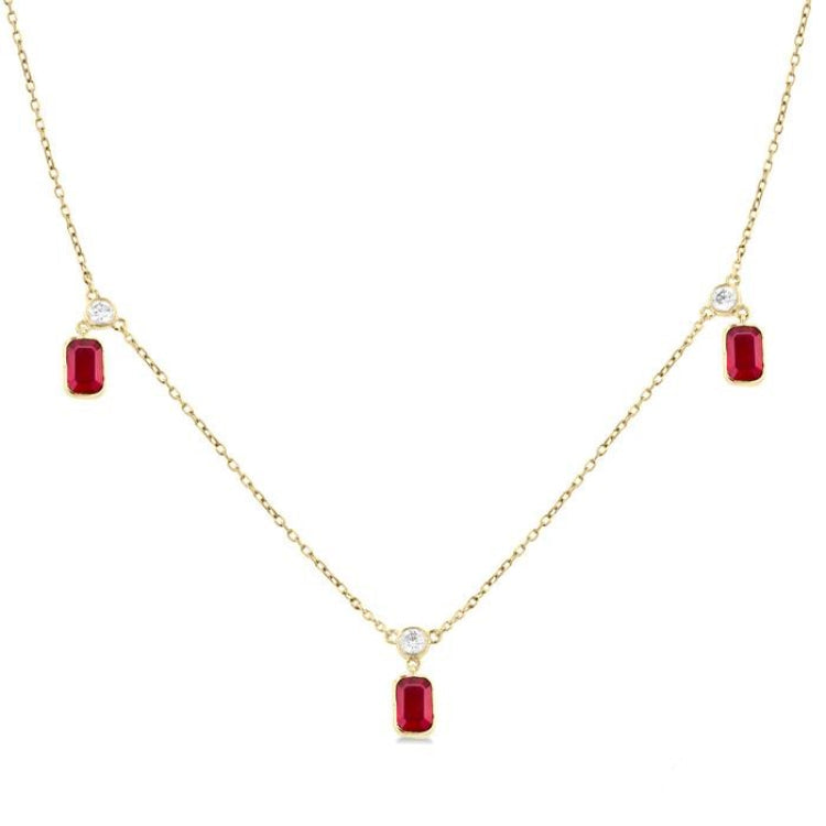 5x3 MM Octagonal Shape Ruby and 1/4 Ctw Round Cut Diamonds Precious Station Necklace in 14K Yellow Gold