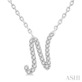 1/10 Ctw Initial 'N' Round cut Diamond Pendant With Chain in 10K White Gold