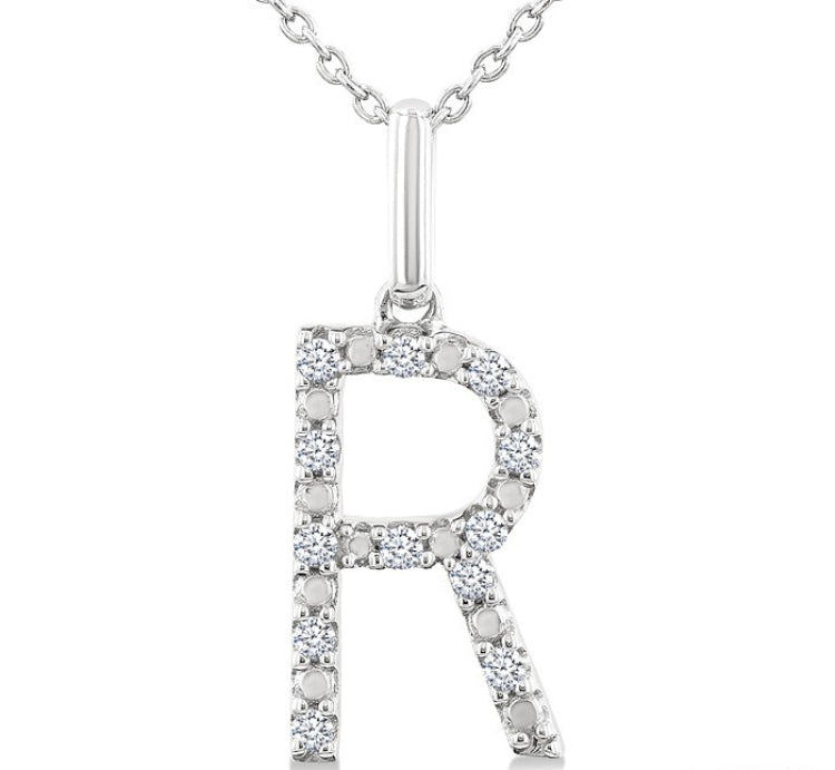 1/10 Ctw Initial 'R' Round Cut Diamond Fashion Pendant With Chain in Sterling Silver
