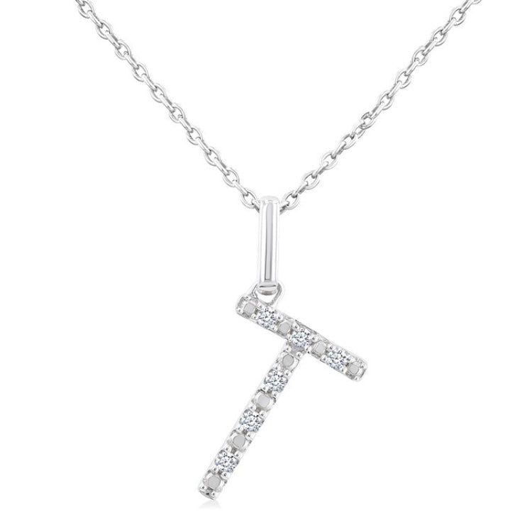 1/20 Ctw Initial 'T' Round Cut Diamond Fashion Pendant With Chain in Sterling Silver
