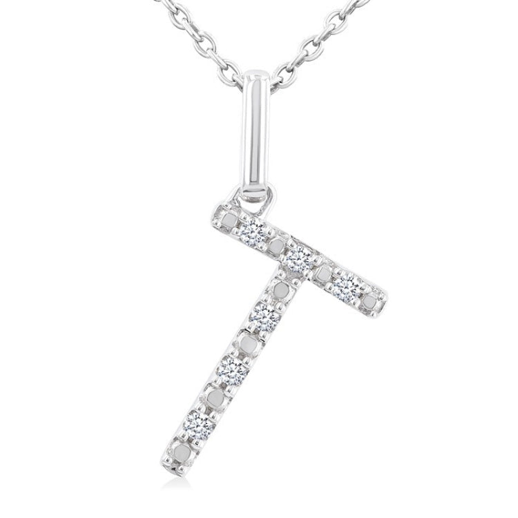 1/20 Ctw Initial 'T' Round Cut Diamond Fashion Pendant With Chain in Sterling Silver