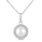 Load image into Gallery viewer, 5 MM Cultured White Pearl and 1/20 Ctw Round Cut Diamond Halo Pendant With Chain in 14K White Gold