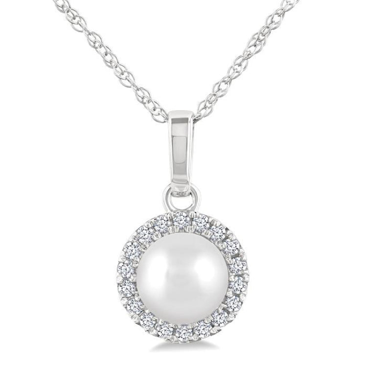 5 MM Cultured White Pearl and 1/20 Ctw Round Cut Diamond Halo Pendant With Chain in 14K White Gold