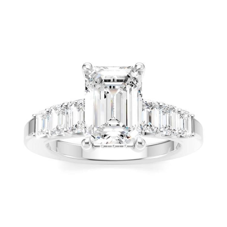 1 Ctw Emerald Shape Emerald and Round Cut Diamond Semi-Mount Engagement Ring in 14K White Gold