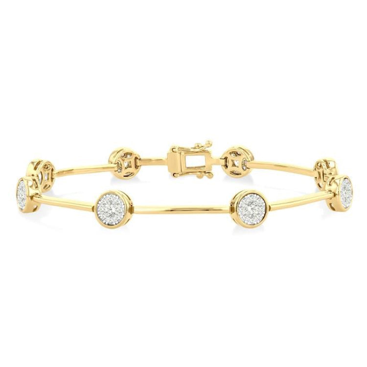 1 1/5 Ctw Lovebright Circular and Bar Shape Link Round Cut Diamond Bracelet in 14K Yellow and White Gold