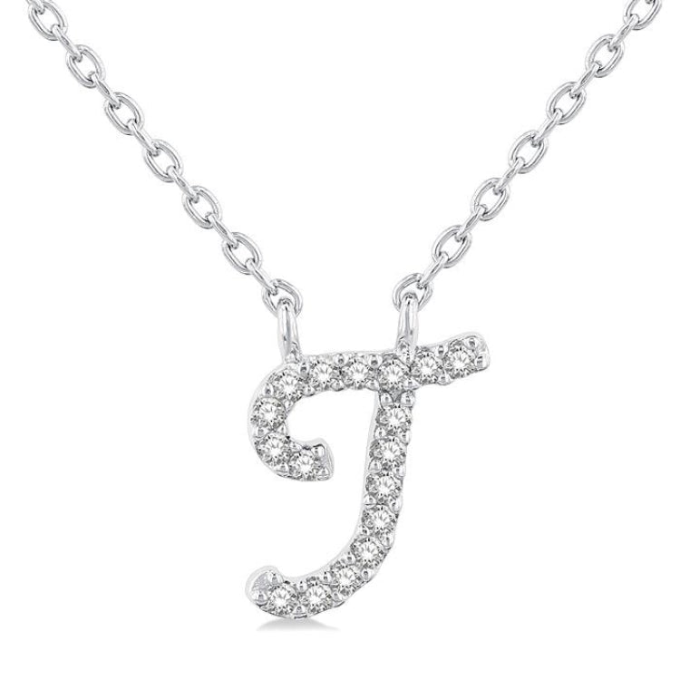 1/20 Ctw Initial 'T' Round cut Diamond Pendant With Chain in 14K White Gold