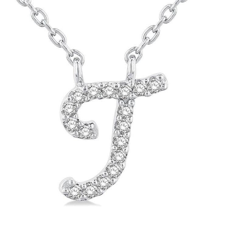 1/20 Ctw Initial 'T' Round cut Diamond Pendant With Chain in 14K White Gold