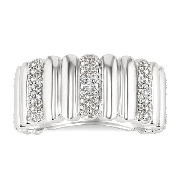 1/10 Ctw Wide Ribbed Plain Polished and Round Cut Diamond Bold Fashion Band in Sterling Silver