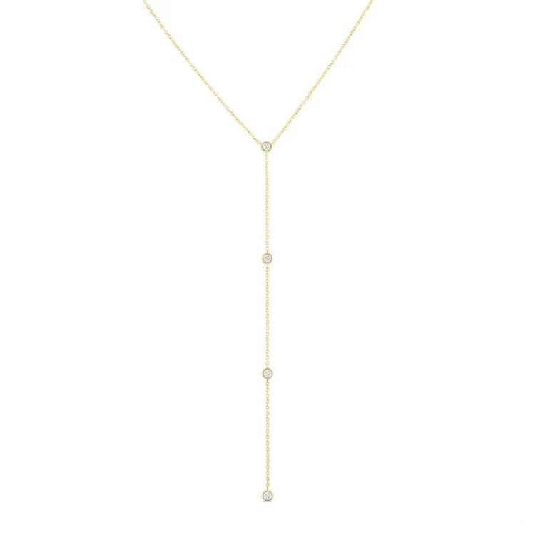 1/6 Ctw Bezel Set 4-Stone Round Cut Diamond Y-Shape Lariat Station Necklace in 14K Yellow Gold
