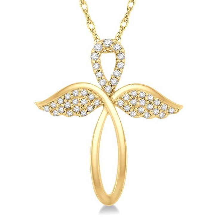 1/6 Ctw Angel Wing Round Cut Diamond Cross Pendant With Chain in 10K Yellow Gold