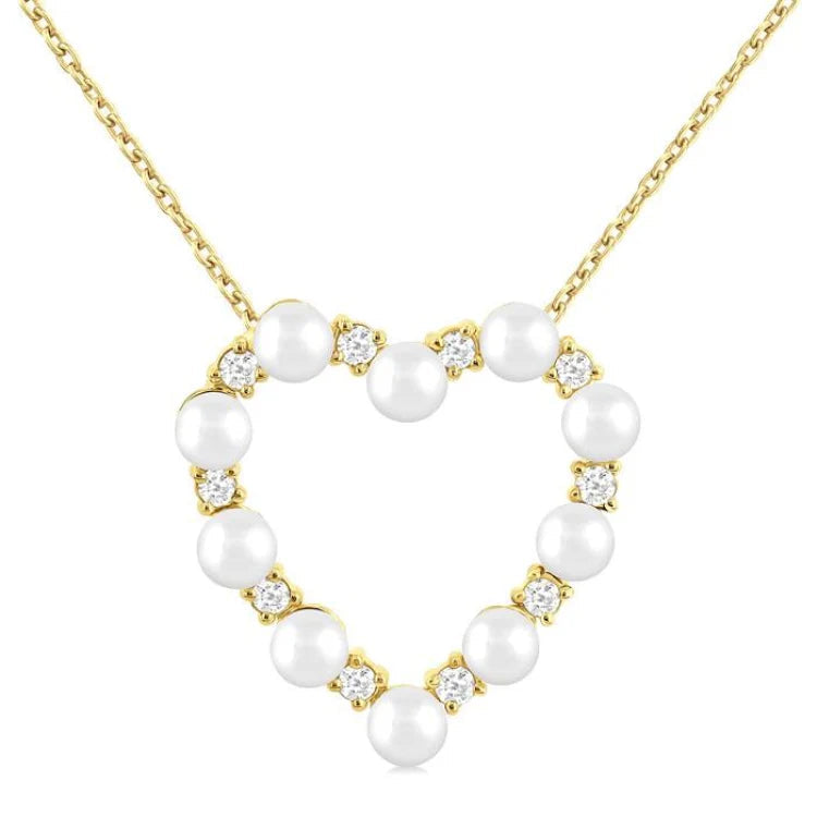 3 MM Round Shape Cultured Pearl and 1/5 Ctw Heart Shape Round Cut Diamond Pendant With Chain in 14K Yellow Gold