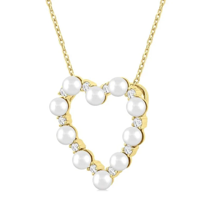 3 MM Round Shape Cultured Pearl and 1/5 Ctw Heart Shape Round Cut Diamond Pendant With Chain in 14K Yellow Gold