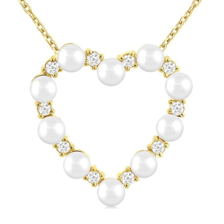 3 MM Round Shape Cultured Pearl and 1/5 Ctw Heart Shape Round Cut Diamond Pendant With Chain in 14K Yellow Gold