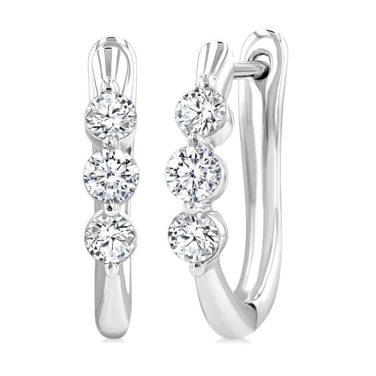 1/2 Ctw 3-Stone Round Cut Diamond Fashion Hoop Earring in 14K White Gold
