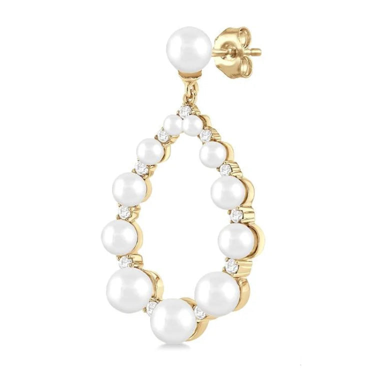 2 MM-4.5 MM Drop Tear Round Shape Cultured Pearls and 1/4 Ctw Round Cut Diamond Fashion Earring in 14K Yellow Gold