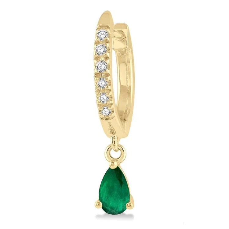 5x3 MM Pear Cut Emerald and 1/8 Ctw Round Cut Diamond Petite Fashion Huggie Earrings in 10K Yellow Gold