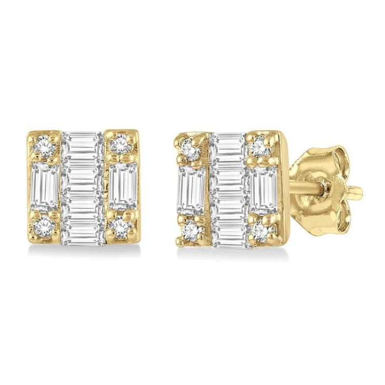 1/6 Ctw Square Shape Baguette and Round Cut Diamond Petite Fashion Earring in 10K Yellow Gold.