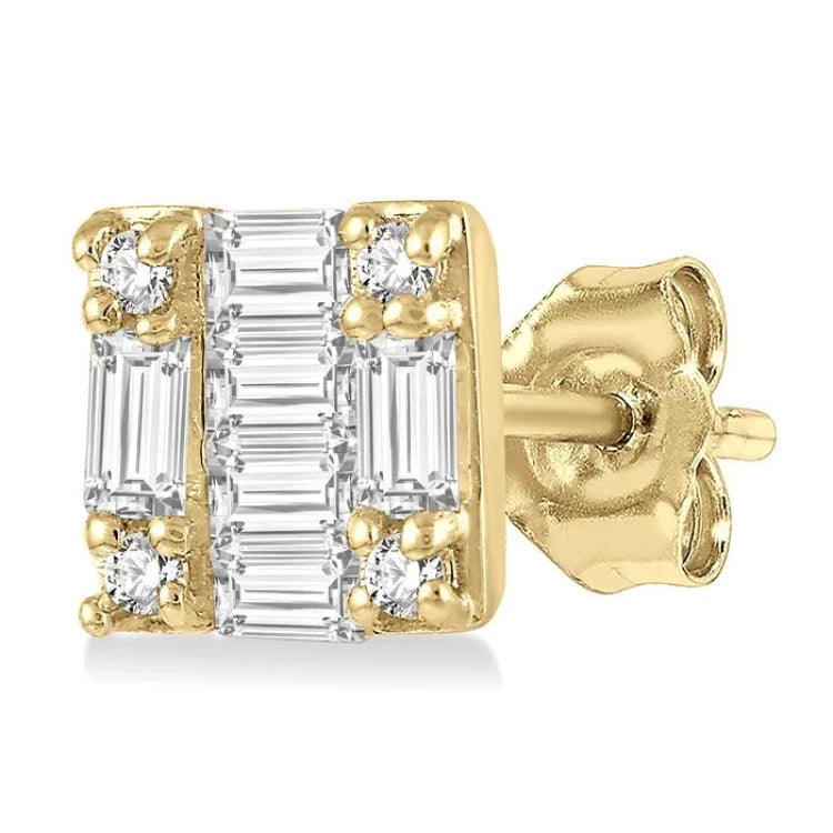 1/6 Ctw Square Shape Baguette and Round Cut Diamond Petite Fashion Earring in 10K Yellow Gold.