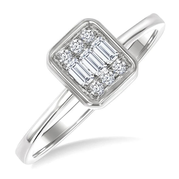 1/6 Ctw Petite Bezel Set Emerald Shape Fusion Baguette and Round Cut Diamond Fashion Ring in 10K White Gold
