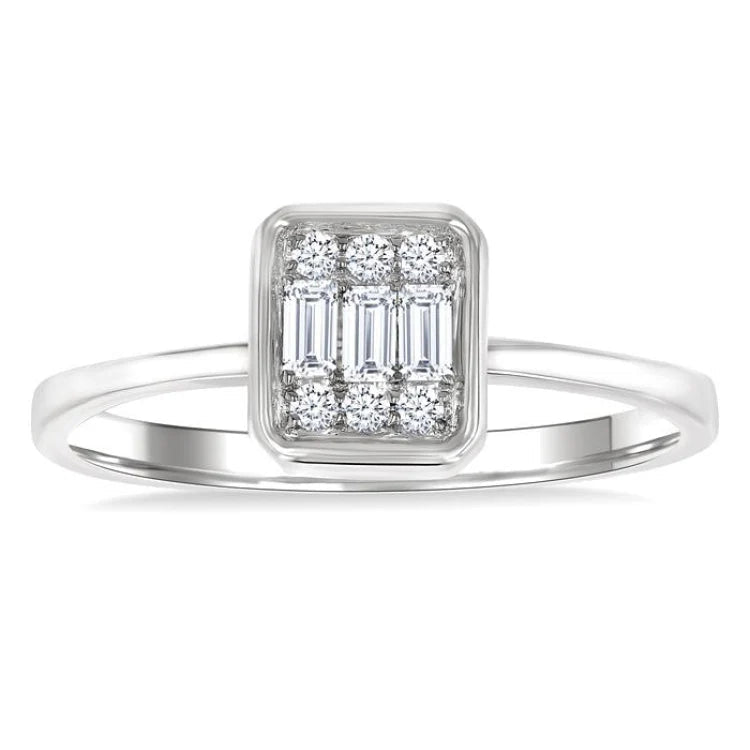 1/6 Ctw Petite Bezel Set Emerald Shape Fusion Baguette and Round Cut Diamond Fashion Ring in 10K White Gold
