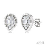 1/5 Ctw Petite Bezel Set Pear Shape Fusion Baguette and Round Cut Diamond Fashion Stud Earring in 10K White Gold