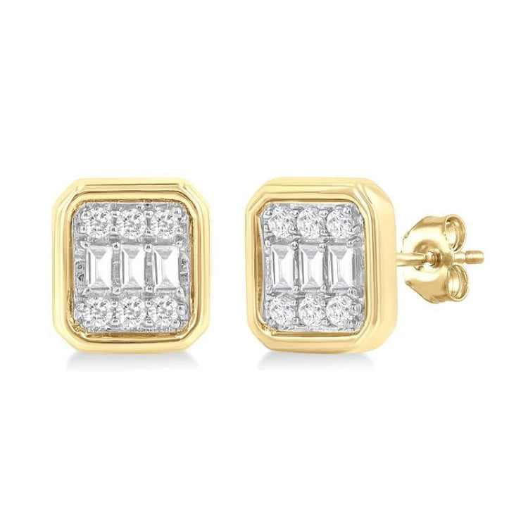 1/5 Ctw Petite Bezel Set Emerald Shape Fusion Baguette and Round Cut Diamond Fashion Stud Earring in 10K Yellow Gold