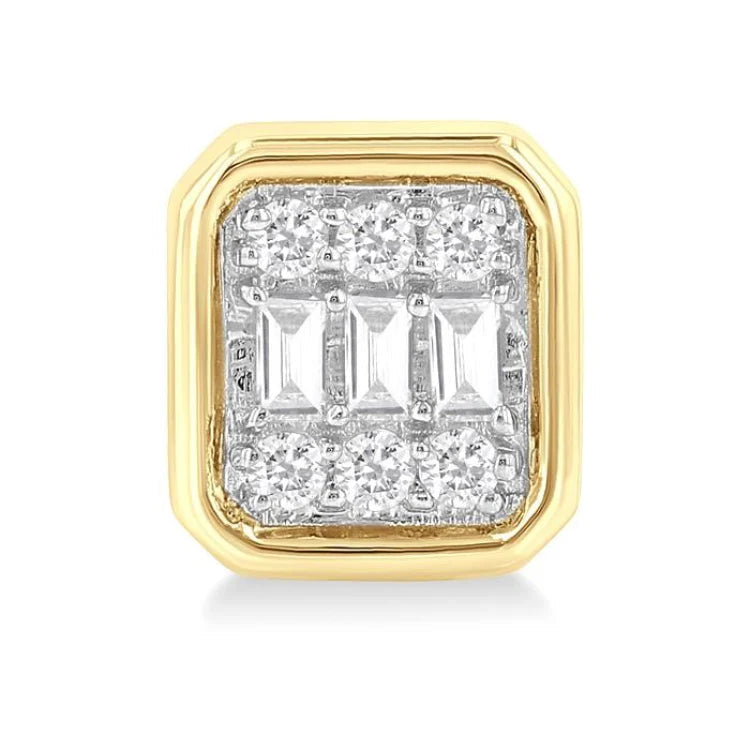 1/5 Ctw Petite Bezel Set Emerald Shape Fusion Baguette and Round Cut Diamond Fashion Stud Earring in 10K Yellow Gold