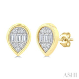 1/5 Ctw Petite Bezel Set Pear Shape Fusion Baguette and Round Cut Diamond Fashion Stud Earring in 10K Yellow Gold