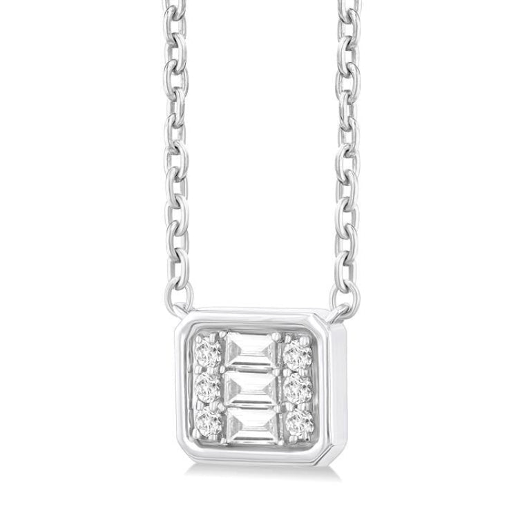 1/6 Ctw Petite Bezel Set East-West Emerald Shape Fusion Baguette and Round Cut Diamond Fashion Pendant With Chain in 10K White Gold