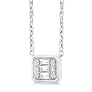 1/6 Ctw Petite Bezel Set East-West Emerald Shape Fusion Baguette and Round Cut Diamond Fashion Pendant With Chain in 10K White Gold