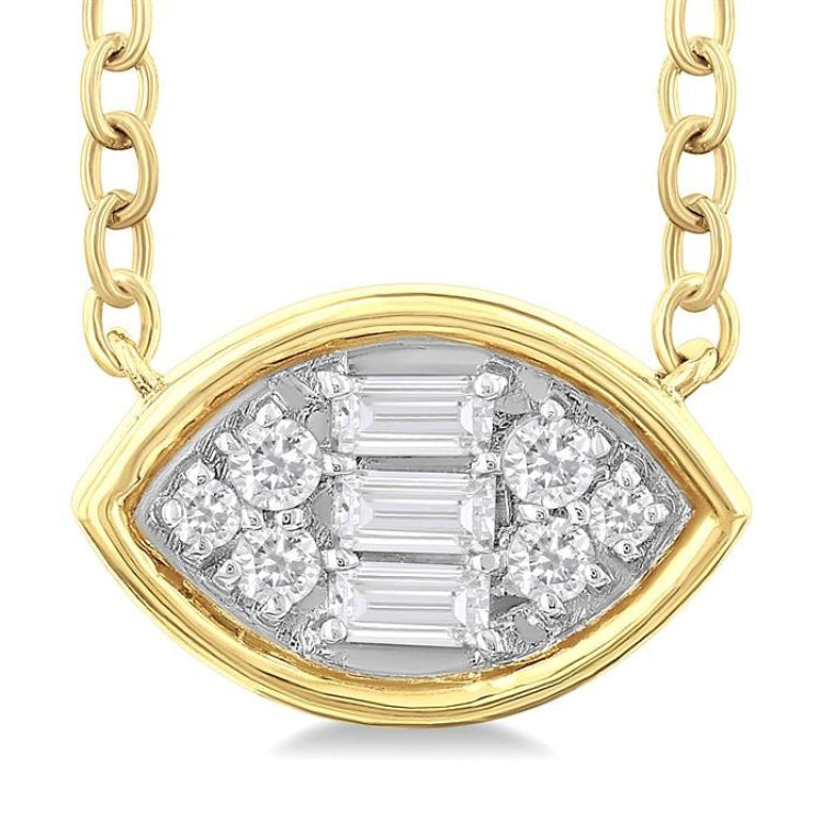 1/6 Ctw Petite Bezel Set East-West Marquise Shape Fusion Baguette and Round Cut Diamond Fashion Pendant With Chain in 10K Yellow Gold