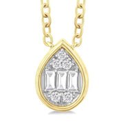 1/6 Ctw Petite Bezel Set Pear Shape Fusion Baguette and Round Cut Diamond Fashion Pendant With Chain in 10K Yellow Gold