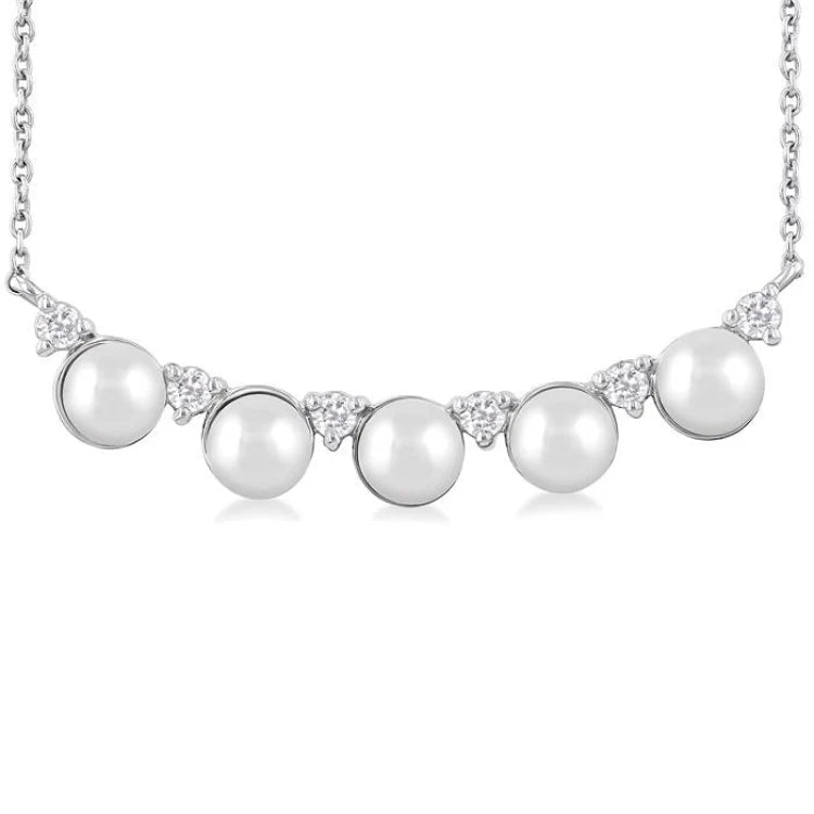 4.5 MM Round Shape Cultured Pearl and 1/6 Ctw Smile Round Cut Diamond Necklace in 10K White Gold