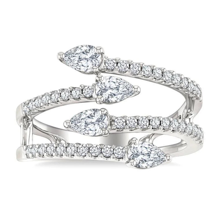 7/8 Ctw Split Double Bypass Pear and Round Cut Diamond Open Fashion Ring in 14K White Gold