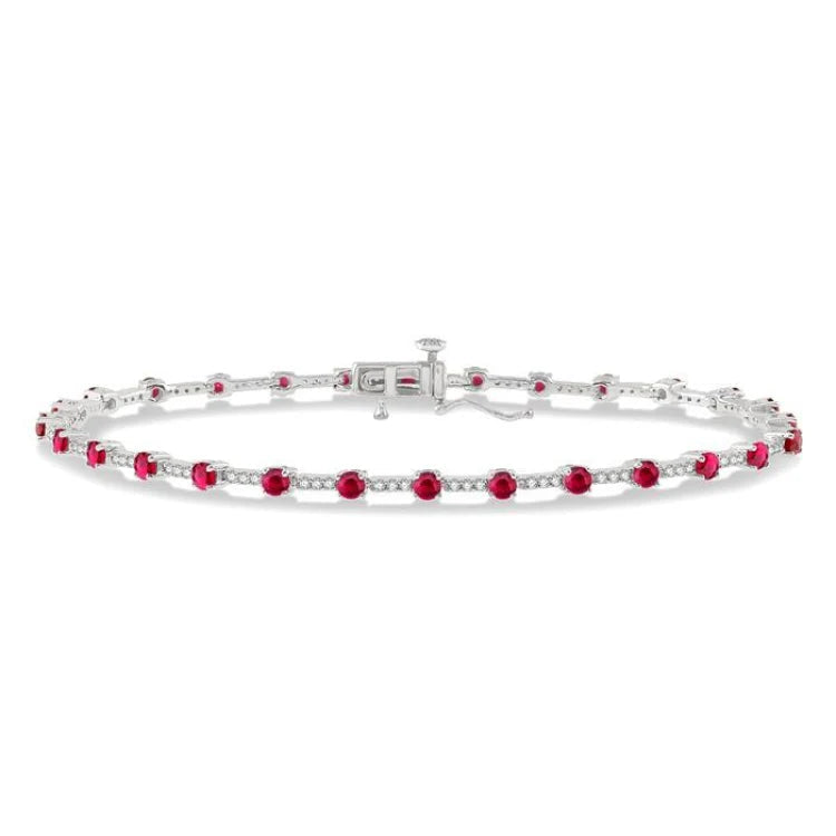 2.5 MM Round Cut Ruby and 1/2 Ctw Round Cut Diamond Precious Bracelet in 10K White Gold