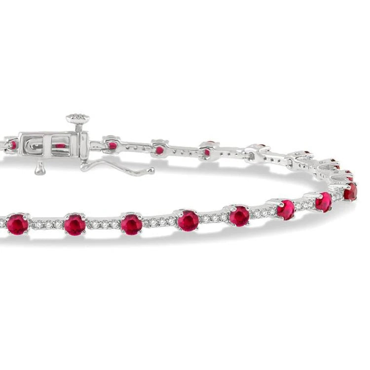 2.5 MM Round Cut Ruby and 1/2 Ctw Round Cut Diamond Precious Bracelet in 10K White Gold