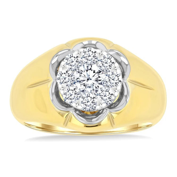 1 Ctw Floral Center Lovebright Round Cut Diamond Men's Ring in 10K Yellow and White Gold