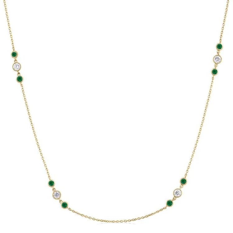 2.25 MM Emerald and 1/2 Ctw Round Cut Diamond Precious Station Necklace in 14K Yellow Gold