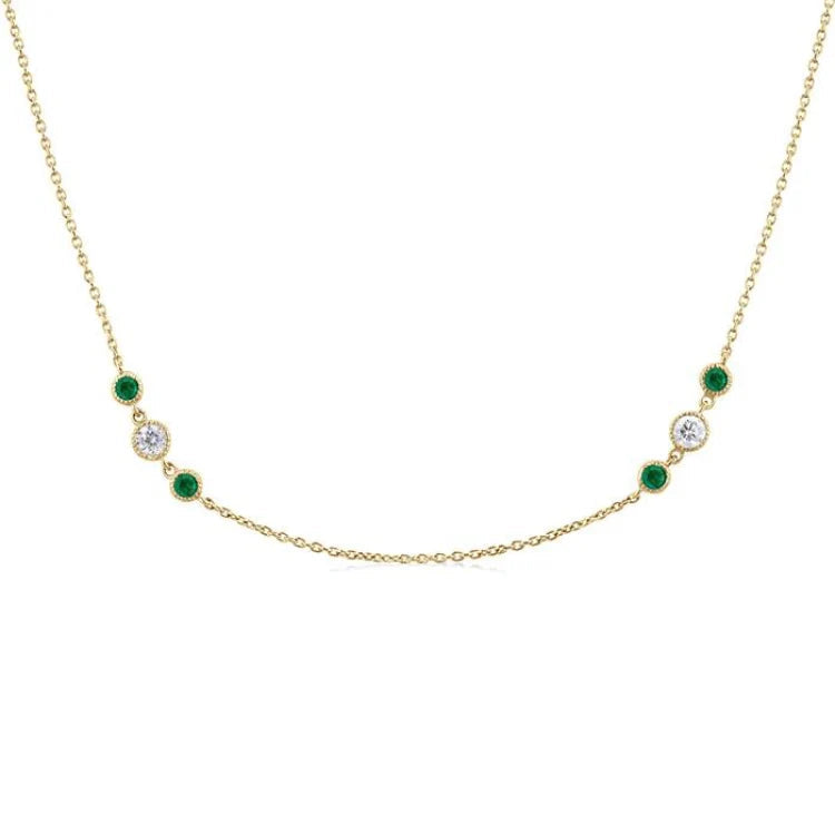 2.25 MM Emerald and 1/2 Ctw Round Cut Diamond Precious Station Necklace in 14K Yellow Gold