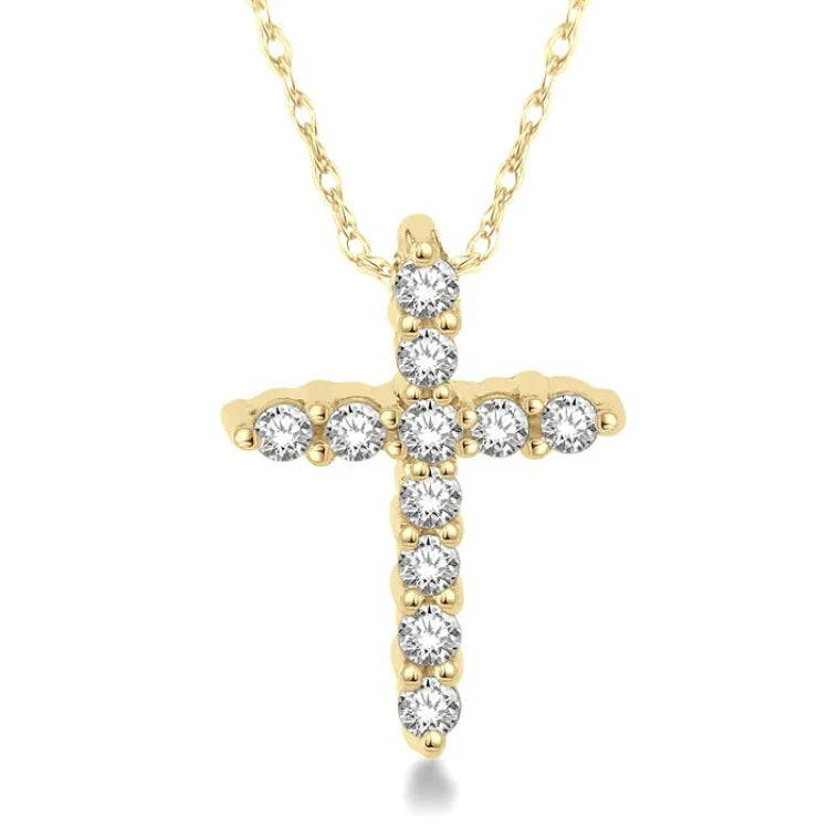 1/20 Ctw Round Cut Diamond Cross Petite Pendant in 14K Yellow Gold with Chain